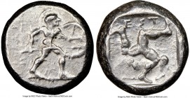 PAMPHYLIA. Aspendus. Ca. mid-5th century BC. AR stater (20mm, 8h). NGC Choice VF. Helmeted nude hoplite warrior advancing right, shield in left hand, ...