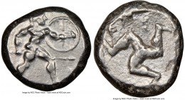 PAMPHYLIA. Aspendus. Ca. mid-5th century BC. AR stater (19mm, 9h). NGC Choice VF. Helmeted nude hoplite warrior advancing right, shield in left hand, ...