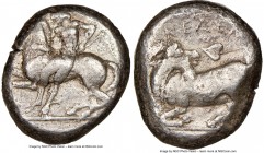 CILICIA. Celenderis. Ca. 425-350 BC. AR stater (19mm, 11h). NGC VF, edge cut Youthful nude male rider, reins in right hand, kentron in left, dismounti...