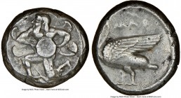 CILICIA. Mallus. Ca. 440-385 BC. AR stater (21mm, 9h). NGC Choice VF. Bearded male, winged, in kneeling/running stance left, holding solar disk with b...