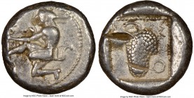 CILICIA. Soloi. Ca. 440-400 BC. AR stater (20mm, 2h). NGC Choice VF, test cut. Amazon, nude to waist, on one knee left, wearing pointed cap, bowcase a...