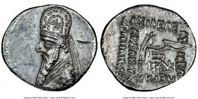 PARTHIAN KINGDOM. Mithradates II (ca. 121-91 BC). AR drachm (20mm, 12h). NGC AU, scuff. Rhagae mint, ca. 96/5-93/2 BC. Bust left, wearing tiara with e...