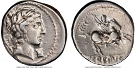 Pub. Crepusius (82 BC). AR denarius (17mm, 8h). NGC VF. Rome. Laureate head of Apollo right; scepter over shoulder, uncertain symbol below chin / Hors...