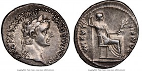 Tiberius (AD 14-37). AR denarius (19mm, 3.81gm, 2h). NGC Choice XF 4/5 - 2/5, brushed. Lugdunum, ca. AD 18-35. TI CAESAR DIVI-AVG F AVGVSTVS, laureate...