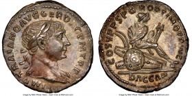 Trajan (AD 98-117). AR denarius (19mm, 7h). NGC Choice AU. Rome, AD 103-111. IMP TRAIANO AVG GER DAC P M TR P, laureate bust of Trajan right, with vis...