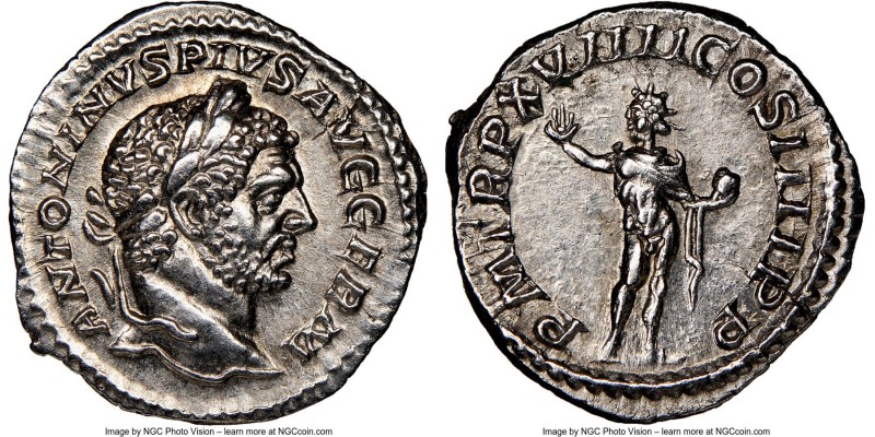 Caracalla (AD 198-217). AR denarius (18mm, 7h). NGC AU. Rome, AD 215. ANTONINVS ...