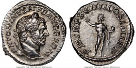 Caracalla (AD 198-217). AR denarius (18mm, 7h). NGC AU. Rome, AD 215. ANTONINVS PIVS AVG GERM, laureate head of Caracalla right / P M TR P XVIIII COS ...