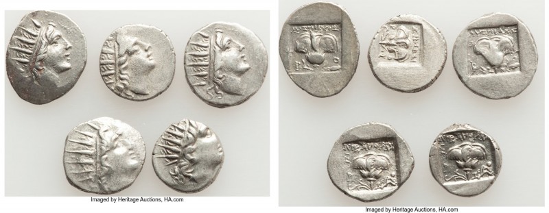 ANCIENT LOTS. Greek. Carian Islands. Rhodes. Ca. 88-84 BC. Lot of five (5) AR dr...