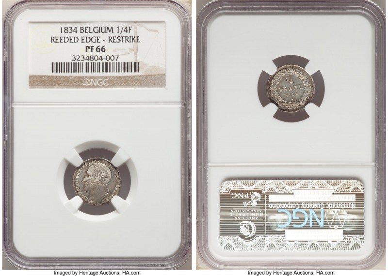 Leopold I Proof Restrike 1/4 Franc 1834 PR66 NGC, KM8. Reeded edge. An exquisite...