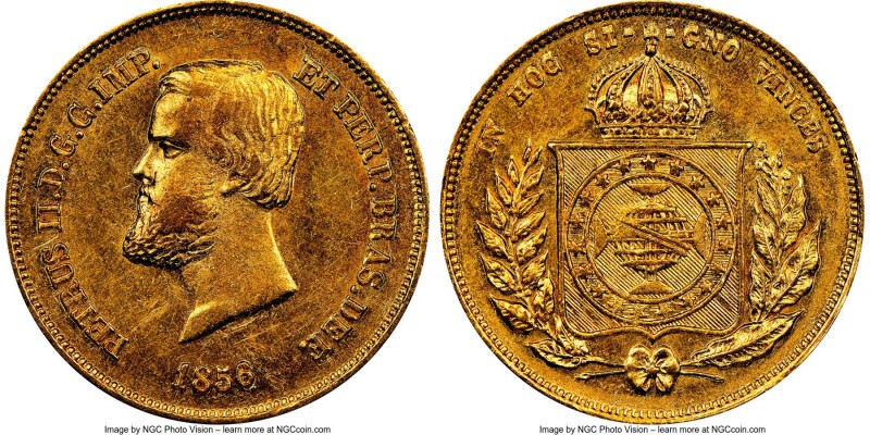 Pedro II gold 5000 Reis 1856 MS61 NGC, Rio de Janeiro mint, KM470. A bit weakly ...