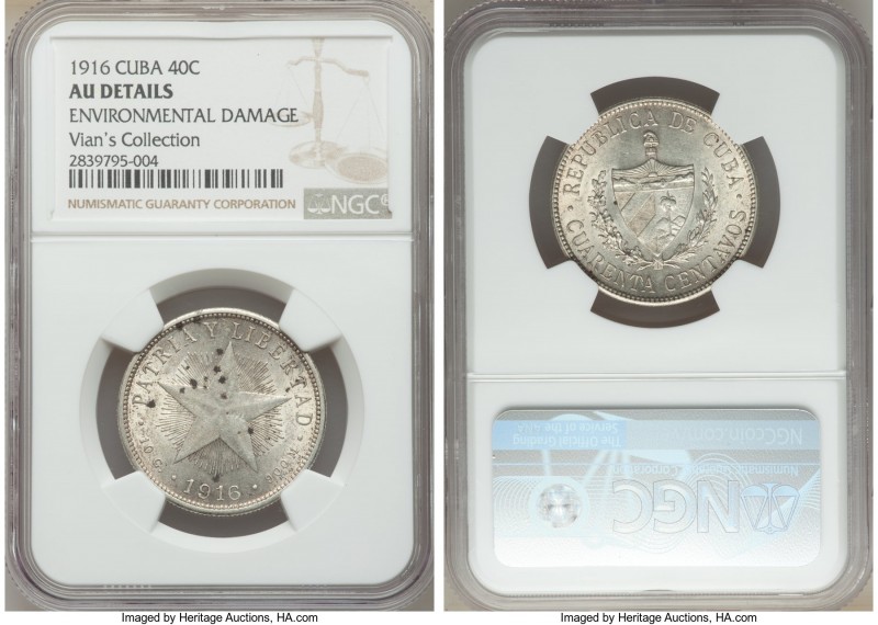 Republic 40 Centavos 1916 AU Details (Environmental Damage) NGC, KM14.3. Key dat...