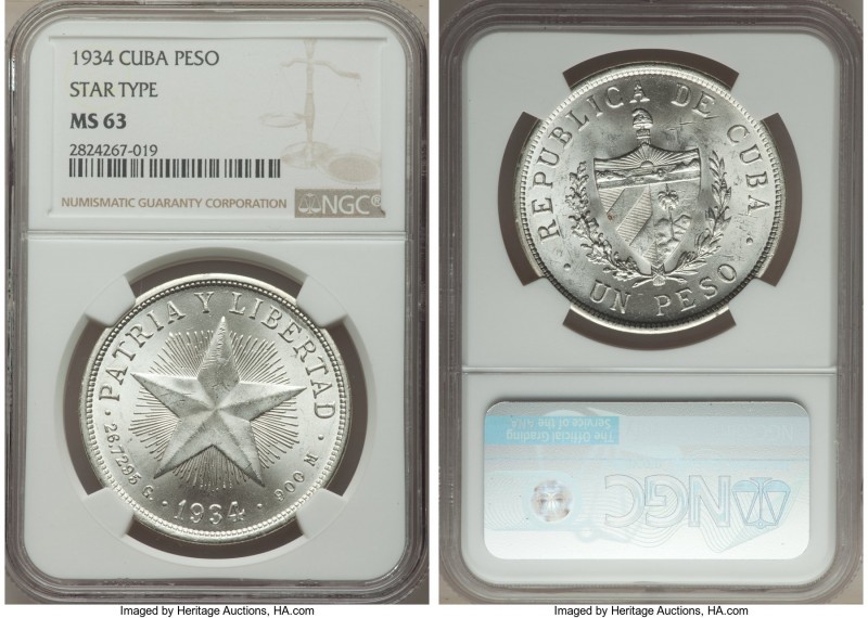 Republic "Star" Peso 1934 MS63 NGC, KM15.2. Last year to type. Radiant mint bloo...