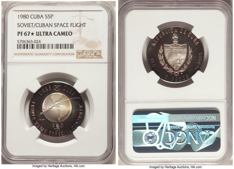 Republic Proof 5 Pesos 1980 PR67 S Ultra Cameo NGC, KM47. Mintage: 5,000. Issued...