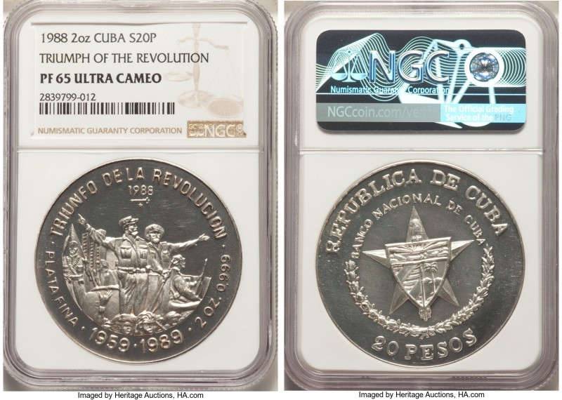 Republic Proof 20 Pesos 1988 PR65 Ultra Cameo NGC, KM169. Mintage: 1,000. Triump...