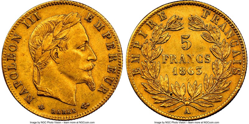 Napoleon III gold 5 Francs 1863-A AU55 NGC, Paris mint, KM803.1.

HID098012420...