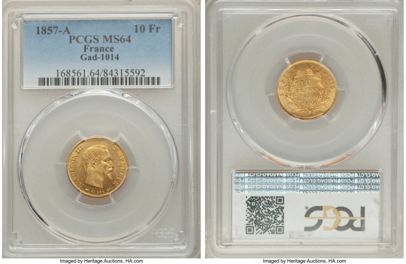 Napoleon III gold 10 Francs 1857-A MS64 PCGS, Paris mint, KM784.3, Gad-1014. 
...