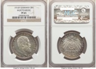 Württemberg. Wilhelm II Proof 3 Mark 1914-F PR65 NGC, Stuttgart mint, KM635, J-175. A watery and original gem enveloped by soft hints of color in the ...
