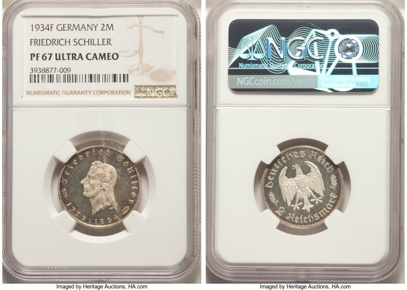 Third Reich Proof "Schiller" 2 Mark 1934-F PR67 Ultra Cameo NGC, Stuttgart mint,...