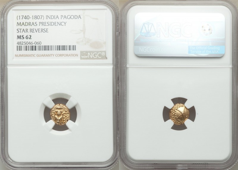 British India. Madras Presidency gold Pagoda ND (1740-1807) MS62 NGC, Fort St. G...