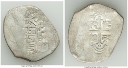 Philip V Cob 8 Reales 1715 Mo-J XF, Cal-744. 38mm. 26.82gm. A difficult date for this characteristically crude type, with all four digits entirely vis...