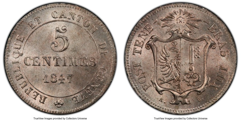 Geneva. Canton 5 Centimes 1847-AB MS66+ PCGS, KM133. A superlative type coin tha...