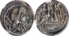 ROMAN REPUBLIC. M. Nonius Sufenas. AR Denarius (3.89 gms), Rome Mint, 57 B.C. NGC Ch AU★, Strike: 4/5 Surface: 5/5.
Cr-421/1; Syd-885. Obverse: Head ...