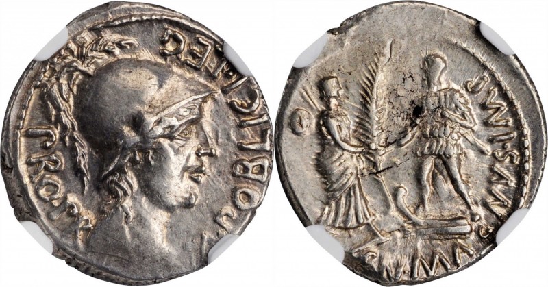 POMPEY JUNIOR. AR Denarius (3.82 gms), Corduba Mint; Marcus Poblicius, legatus p...