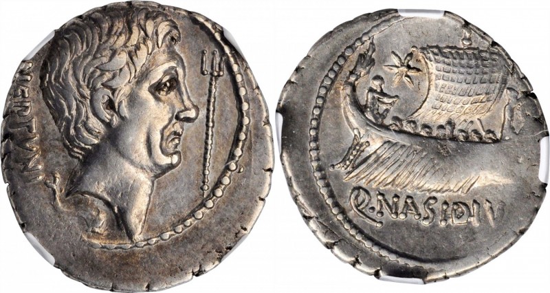 SEXTUS POMPEY. AR Denarius (3.83 gms), Massilia Mint; Q. Nasidius, commander of ...