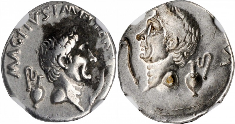 SEXTUS POMPEY. AR Denarius (3.87 gms), Uncertain mint in Sicily, 37/6 B.C. NGC C...
