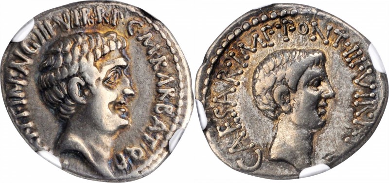 MARC ANTONY & OCTAVIAN. AR Denarius (3.41 gms), Ephesus Mint; M. Barbatius Polli...