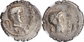 MARC ANTONY & DIVUS JULIUS CAESAR. AR Denarius (3.62 gms), Military mint traveling with Antony in Cisalpine Gaul, 43 B.C. NGC EF, Strike: 4/5 Surface:...