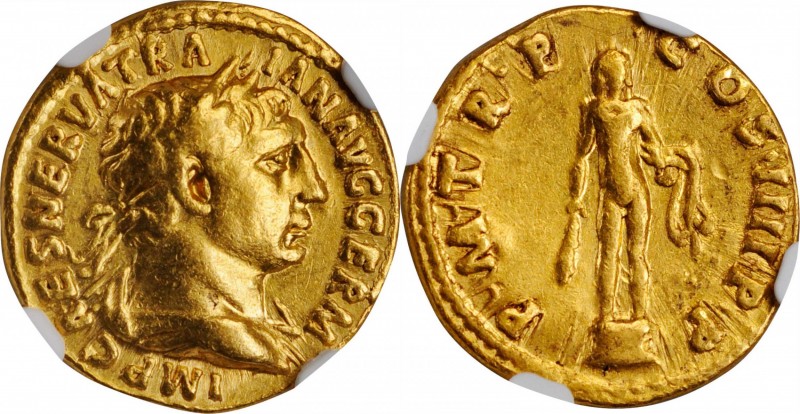TRAJAN, A.D. 98-117. AV Aureus (6.67 gms), Rome Mint, A.D. 101-102. NGC VF, Stri...