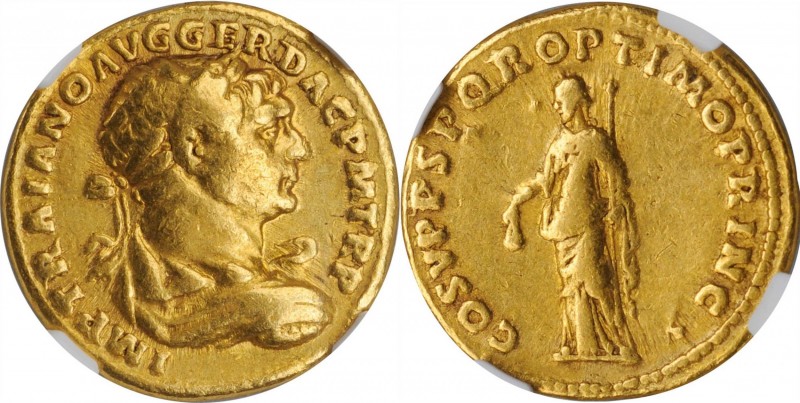 TRAJAN, A.D. 98-117. AV Aureus (7.11 gms), Rome Mint, A.D. 108-110. NGC Ch F, St...