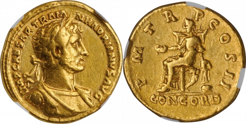 HADRIAN, A.D. 117-138. AV Aureus (7.13 gms), Rome Mint, A.D. 118. NGC VF, Strike...