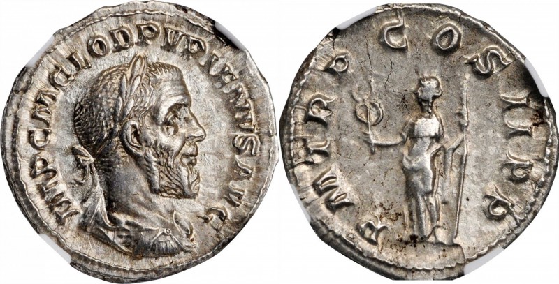 PUPIENUS, A.D. 238. AR Denarius (3.05 gms), Rome Mint, A.D. 238. NGC Ch AU, Stri...