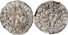 ARMENIA. Tram, ND (1198-1219). Sis Mint. Levon I. NGC MS-65.
3.00 gms. Cf. AC-282-3 (for type). Obverse: Levon seated facing on throne, holding globu...