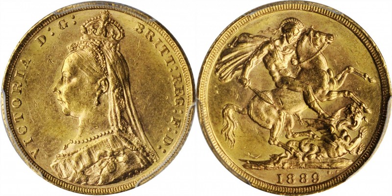 AUSTRALIA. Sovereign, 1889-M. Melbourne Mint. Victoria. PCGS MS-62.
S-3867B; Fr...