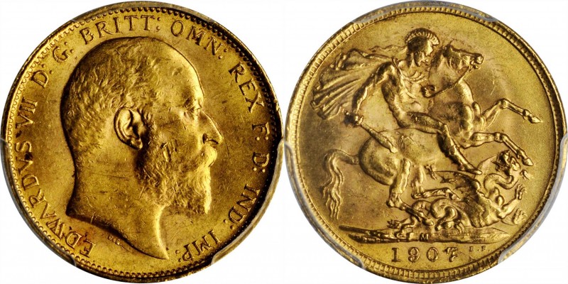 AUSTRALIA. Sovereign, 1907-M. Melbourne Mint. PCGS MS-62.
S-3971; Fr-33; KM-15....