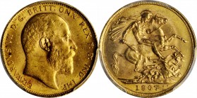 AUSTRALIA. Sovereign, 1907-M. Melbourne Mint. PCGS MS-62.
S-3971; Fr-33; KM-15. Several heavy marks on Edward VII's portrait prevent a finer grade.
...