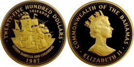 BAHAMAS. 2500 Dollars, 1987. London Mint. PCGS PROOF-69 Deep Cameo Gold Shield.
Fr-41; KM-116. Mintage: 20. A massive issue struck to honor Columbus'...