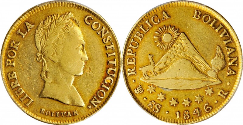BOLIVIA. 8 Scudos, 1846-PTS R. Potosi Mint. PCGS VF-35 Gold Shield.
Fr-26; KM-1...
