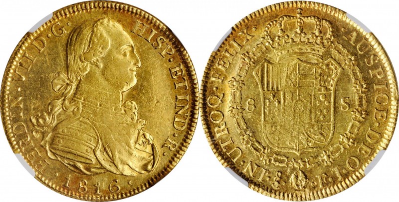 CHILE. 8 Escudos, 1816-So FJ. Santiago Mint. Ferdinand VII. NGC AU-55.
Fr-29; K...