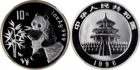 CHINA. 10 Yuan, 1996. Panda Series. NGC PROOF-69 Ultra Cameo.
KM-900; PAN-271a. A brilliant and attractive proof, offering intensely frosted cameo de...