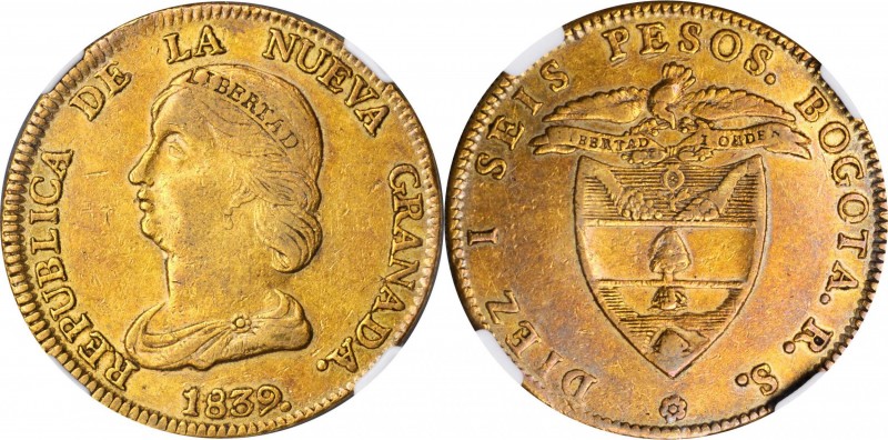COLOMBIA. 16 Pesos, 1839/8-RS. Bogota Mint. NGC EF-45.
Fr-74; KM-94.1; Restrepo...