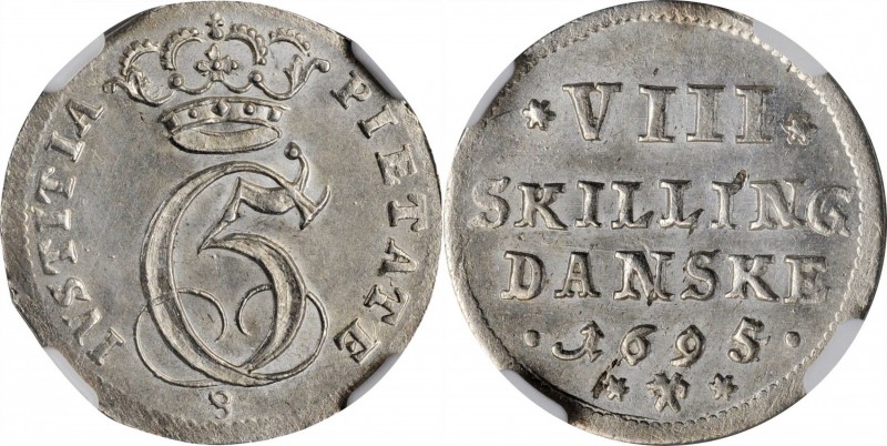 DENMARK. Gluckstadt. 8 Skilling, 1695. Christian V. NGC MS-63.
KM-82.2. Extreme...