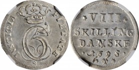 DENMARK. Gluckstadt. 8 Skilling, 1695. Christian V. NGC MS-63.
KM-82.2. Extremely choice and lustrous, this brilliant, untoned example stands as the ...
