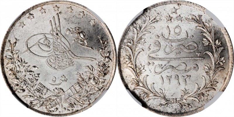 EGYPT. 5 Qirsh, AH 1293-W Year 15 (1890). Berlin Mint. Abdul Hamid II. NGC MS-64...