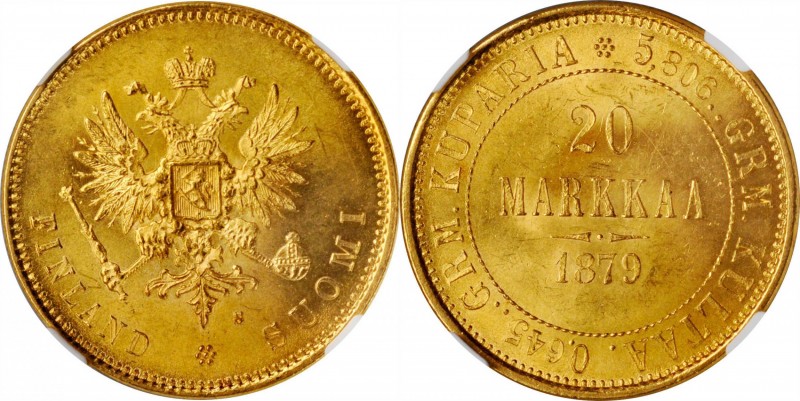 FINLAND. 20 Markkaa, 1879-S. Helsinki Mint. Alexander II. NGC MS-64.
Fr-1; KM-9...