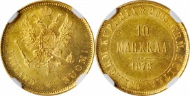 FINLAND. 10 Markkaa, 1878-S. Helsinki Mint. Alexander II. NGC MS-62.
Fr-4; KM-8.1. AGW: .0933 oz. Perfectly detailed with sparkling luster and only m...