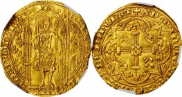 FRANCE. Franc a pied, ND (1365-80). Charles V. NGC MS-63.
3.79 gms. Fr-285; Dupl-360; Ciani-457. Obverse: Charles standing facing within portico, hol...